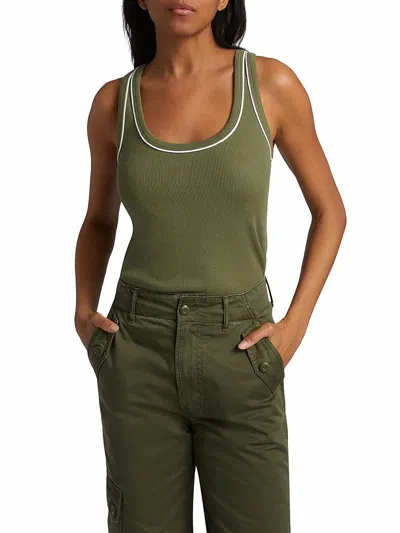 Veronica Beard Birke Contrast Piping Tank Top In Stone Army In Green