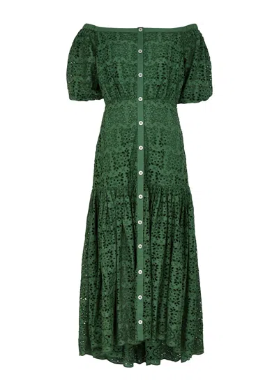 Veronica Beard Cali Green Eyelet-embroidered Cotton Midi Dress In Dark Green