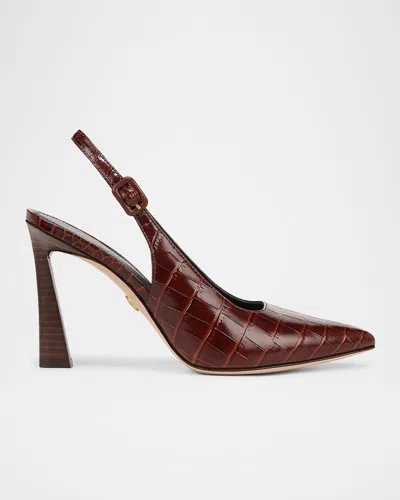 Veronica Beard Callie Leather Cap-toe Slingback Pumps In Sepia Brown Croco Print Leather