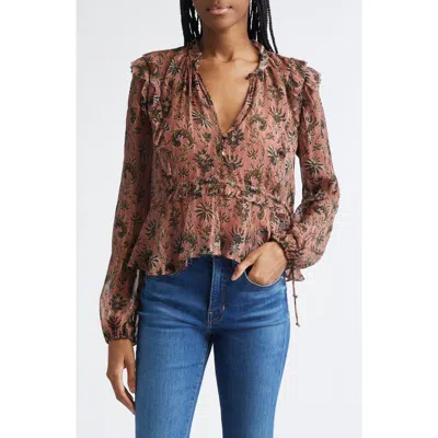 Veronica Beard Carnett Floral Silk Blend Peplum Top In Brown