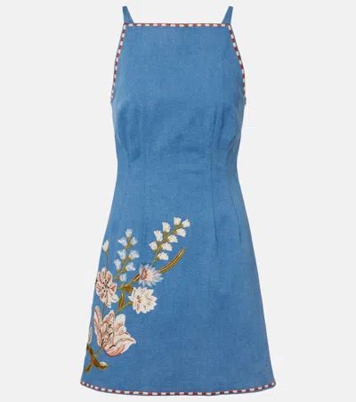 Veronica Beard Chester Floral Embroidered Denim Minidress In Blue