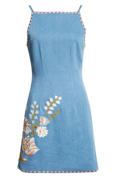 Veronica Beard Chester Floral Embroidered Denim Minidress In Blue