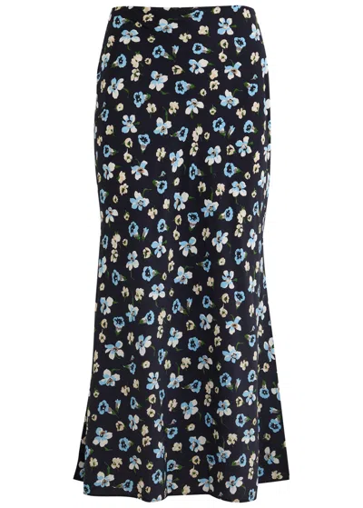 Veronica Beard Clover Stretch Silk Midi Skirt In Black Multi In Black/prints
