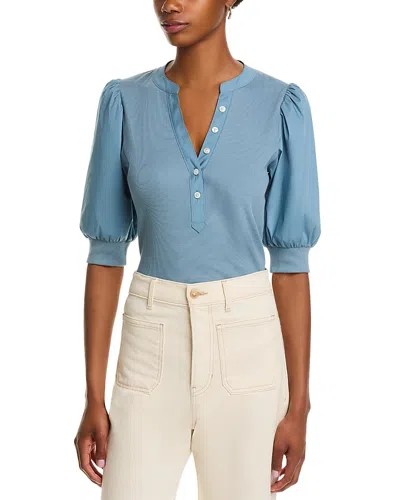 Veronica Beard Coralee Mixed Media Puff Sleeve Top In Blue