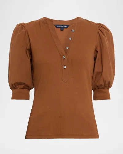 Veronica Beard Coralee Puff Sleeve Button-front Top In Brown