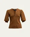 Veronica Beard Coralee Puff Sleeve Button-front Top In Brown