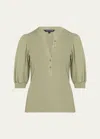 Veronica Beard Coralee Puff Sleeve Button-front Top In Stone Army