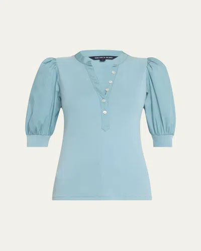 Veronica Beard Coralee Puff Sleeve Button-front Top In Sea Glass