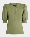 Veronica Beard Coralee Puff Sleeve Button-front Top In Stone Army
