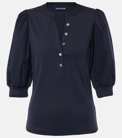 Veronica Beard Coralee Puff-sleeve Henley Sweater In Navy