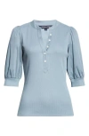 Veronica Beard Coralee Puff Sleeve Mixed Media Henley Top In Blue