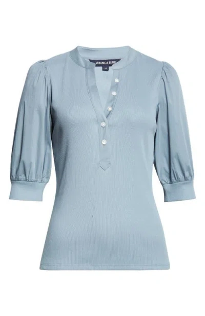 Veronica Beard Coralee Puff Sleeve Mixed Media Henley Top In Blue