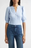 Veronica Beard Coralee Puff Sleeve Mixed Media Henley Top In Blue