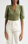 Veronica Beard Coralee Puff Sleeve Button-front Top In Stone Army