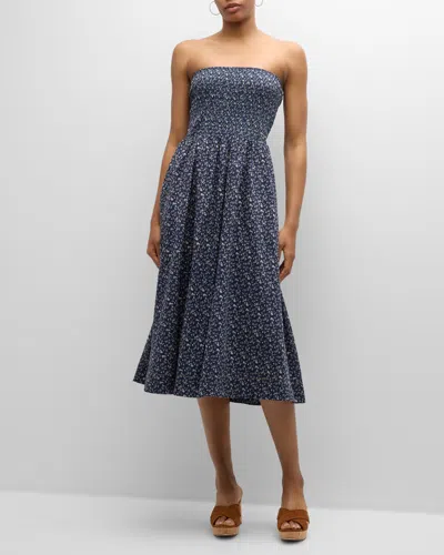 Veronica Beard Cornelia Strapless Floral Midi Dress In Blue