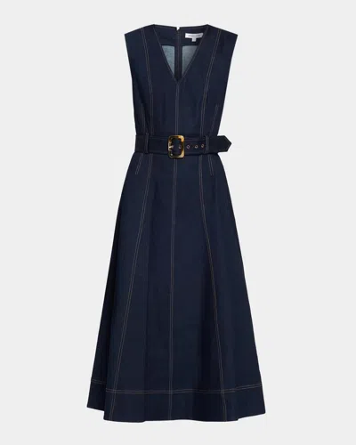 Veronica Beard Cosette Belted Denim Midi Dress In Blue