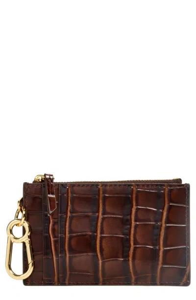 Veronica Beard Croc Embossed Zip Card Holder In Chestnut