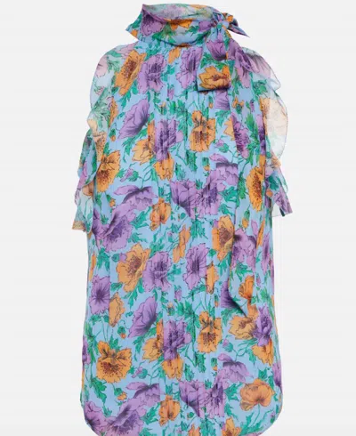 Veronica Beard Dali Pintucked Floral-print Silk-chiffon Top In Light Blue