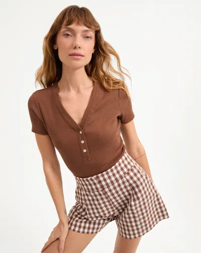 Veronica Beard Dekalb Ribbed Henley T-shirt In Brown