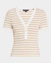 Veronica Beard Dekalb Stripe Stretch Cotton Henley Top In Khakiwhite