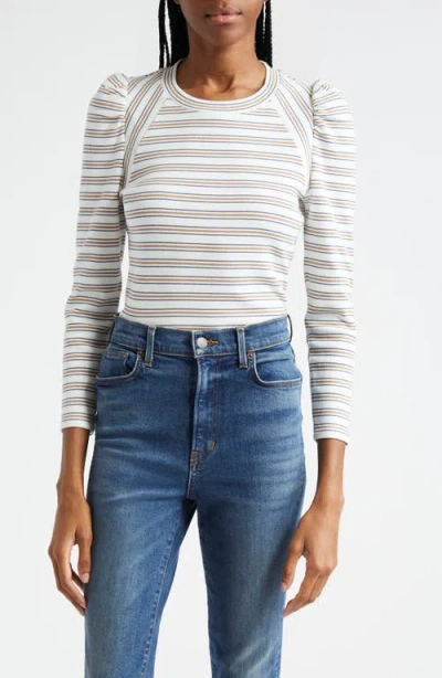Veronica Beard Delano Stripe Puff Shoulder Stretch Cotton Rib Top In Off White Multi