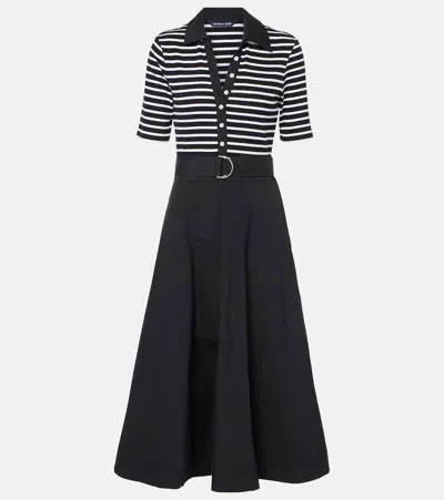 Veronica Beard Delise Mixed Media Belted Cotton Polo Dress In White Black