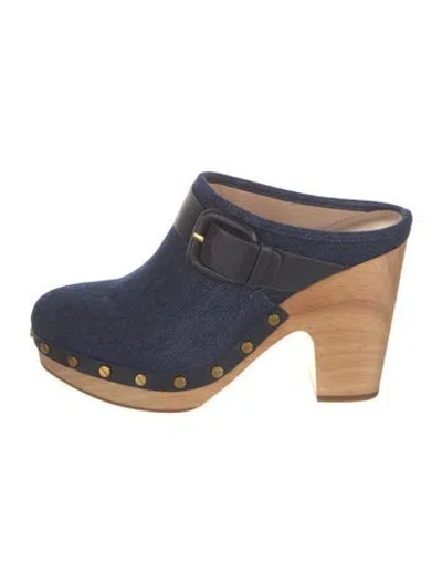 Pre-owned Veronica Beard Denim Colorblock Pattern Mules In Blue