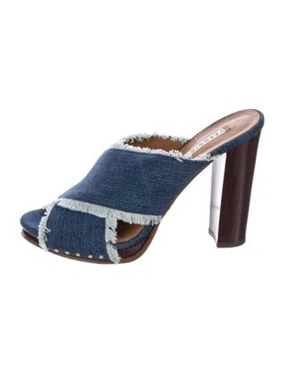 Pre-owned Veronica Beard Denim Raw-edge Trim Mules In Blue