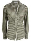 Veronica Beard Devra Stripe Ruched Cotton Blend Button-up Shirt In Green