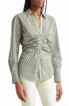 Veronica Beard Devra Ruched Button-down Shirt In Stone Army/white In Multi