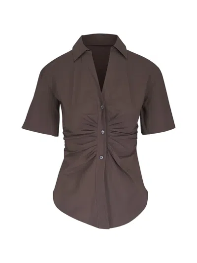 Veronica Beard Devra Ruched Short-sleeve Blouse In Brown