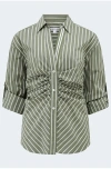 Veronica Beard Devra Stripe Ruched Cotton Blend Button-up Shirt In Green