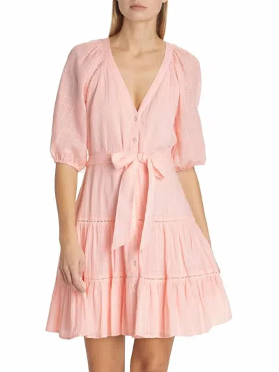 Veronica Beard Dewey Tiered Cotton Button-up Tie Waist Dress In Pink-haze