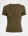 Veronica Beard Dilia Ribbed Button-front T-shirt In Brown