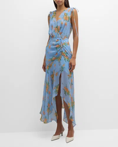 Veronica Beard Dovima Sleeveless Ruched Floral Maxi Dress In Blue Oasis Multi