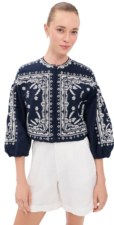 Veronica Beard Drake Cropped Embroidered Cotton-blend Poplin Jacket In Blue