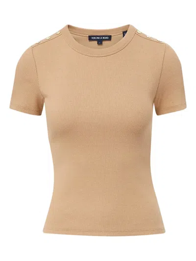 Veronica Beard Draya Button-detailed Ribbed T-shirt In Neutral