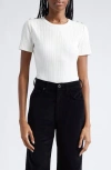Veronica Beard Draya Rhinestone Button Detail Rib Stretch Cotton Top In White