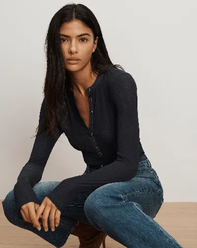 Veronica Beard Drexler Ribbed Henley Top In Blue