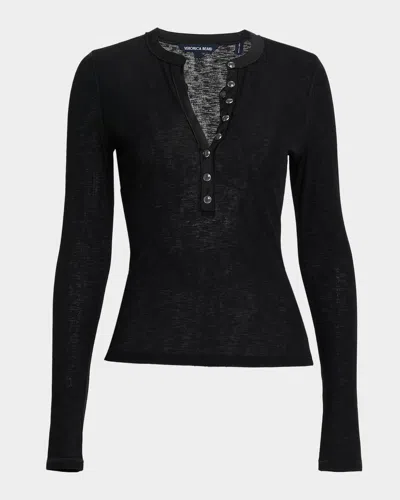 Veronica Beard Drexler Semi-sheer Ribbed Henley In Black