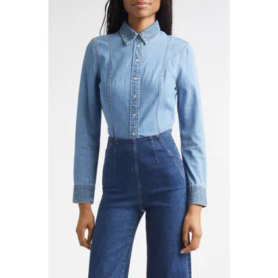 Veronica Beard Eddie Rhinestone Trim Denim Top In Blue