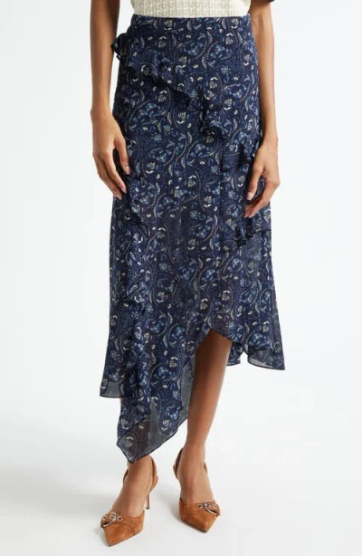 Veronica Beard Elenora Ruffle Floral Paisley Midi Skirt In Blue