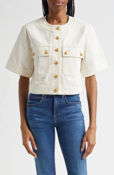 Veronica Beard Elias Topstitch Detail Elbow Sleeve Cotton Jacket In Ecru