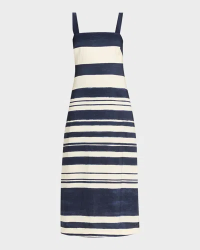 Veronica Beard Ella Striped Linen Midi Dress In Navy Dove White In Black