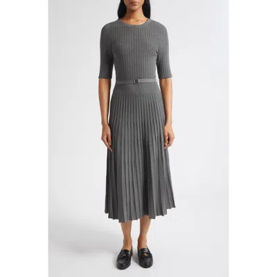 Veronica Beard Elthea Belted Pleated Midi Dress In Charcoal Heather Grey