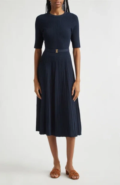 Veronica Beard Elthea Belted Rib Knit Midi Dress In Blue
