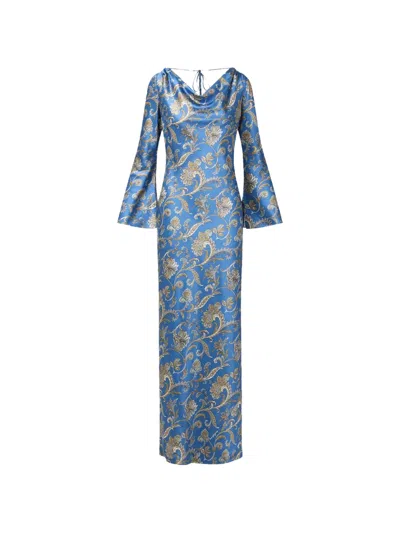 Veronica Beard Ember Long Sleeve Paisley Silk Blend Maxi Dress In Blue