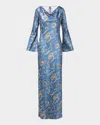 Veronica Beard Ember Long Sleeve Paisley Silk Blend Maxi Dress In Blue