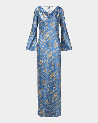 Veronica Beard Ember Long Sleeve Paisley Silk Blend Maxi Dress In Blue
