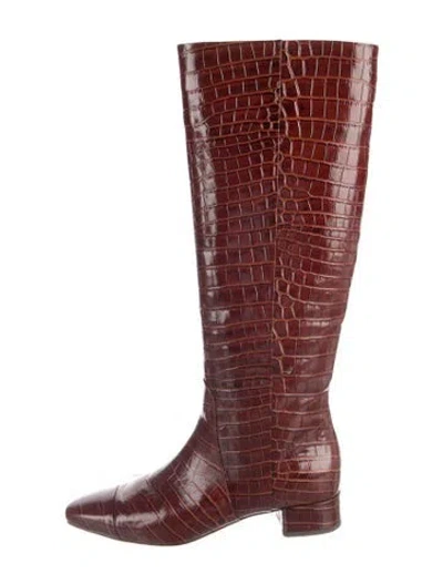 Pre-owned Veronica Beard Embossed Leather Animal Print Boots In Burgundy